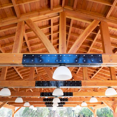 El Paso Wedding Pavilion (Options: 60' L x 40' W, Douglas-fir, Post Anchor Kit for High-Wind, Transparent Premium Sealant). Photo Courtesy of Hidden Valley Nature Center, 11401 Arlington Avenue, Riverside, CA 92505.