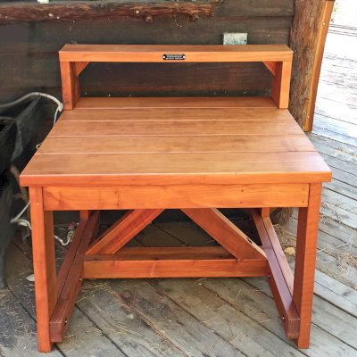 Custom Eli's Redwood Potting Bench (Options: Mature Redwood, 42" L x 29" W x 30" H, No Casters, One Shelf, Transparent Premium Sealant).