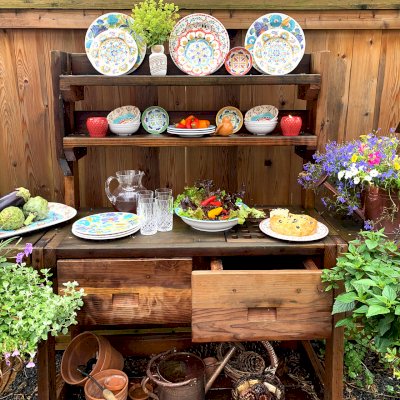 Eli's Redwood Potting Bench (Options: Large Size, California Redwood, No Casters, 2 Shelves, Both Sides Fold Down, Copper Inset for Right Drawer, No Engraving, Removable Slatted Lid Over Right Drawer, Transparent Premium Sealant). Photo Courtesy of M. Cooke of Westchester, IL.
