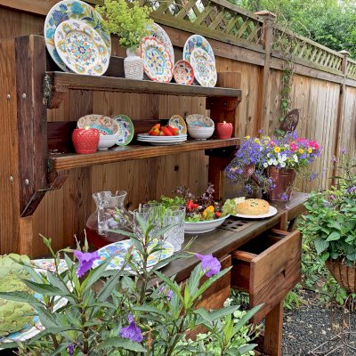 Eli's Redwood Potting Bench (Options: Large Size, California Redwood, No Casters, 2 Shelves, Both Sides Fold Down, Copper Inset for Right Drawer, No Engraving, Removable Slatted Lid Over Right Drawer, Transparent Premium Sealant). Photo Courtesy of M. Cooke of Westchester, IL.