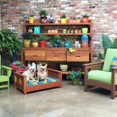 Eli's Redwood Potting Bench (Options: XXL Size, Old-Growth Redwood, With Casters, Two Shelves, No Fold Down Sides, No Cooper Inset, No Engraving, Removable Lid Over 2 Drawers, Transparent Premium Sealant). Photo Courtesy of Cheryl Williams of Canton, MI.