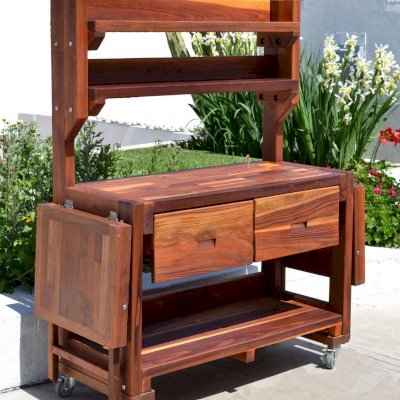 Eli's Redwood Potting Bench (Options: Large Size, California Redwood, Casters, 2 Shelves, Both Sides Fold Down, Copper Insets for Both Drawers, No Engraving, Removable Lid for Right Drawer, Transparent Premium Sealant).  