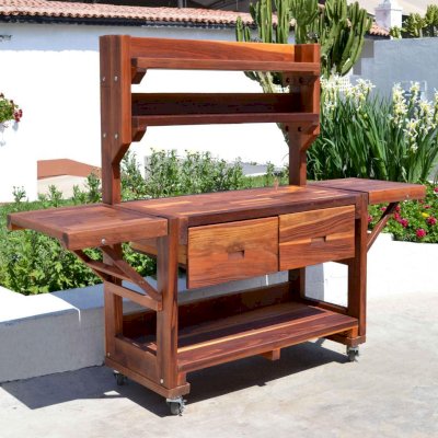 Eli's Redwood Potting Bench (Options: Large Size, California Redwood, Casters, 2 Shelves, Both Sides Fold Down, Copper Insets for Both Drawers, No Engraving, Removable Lid for Right Drawer, Transparent Premium Sealant).
