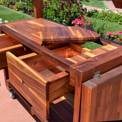 Eli's Redwood Potting Bench (Options: Large Size, California Redwood, Casters, 2 Shelves, Both Sides Fold Down, Copper Insets for Both Drawers, No Engraving, Removable Lid for Right Drawer, Transparent Premium Sealant).  