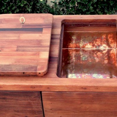 Eli's Redwood Potting Bench (Options: Standard Size, Old-Growth Redwood, Casters, 2 Shelves, Copper Inset for Right Drawer, No Engraving, Removable Lid on Right Side, Transparent Premium Sealant).  Photo shows tabletop lid removed.