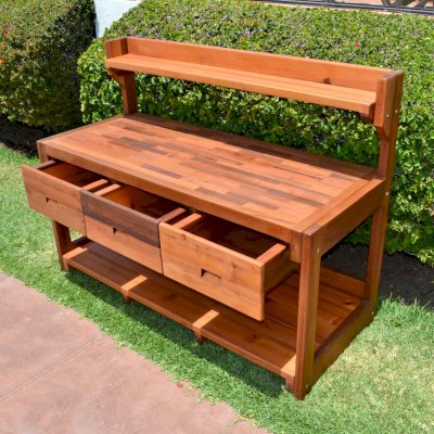 Eli's Redwood Potting Bench (Options: XXL Size, Old-Growth Redwood, No Casters, One Shelf, No Fold Down Sides, No Cooper Inset, No Engraving, No Removable Lid, Transparent Premium Sealant).