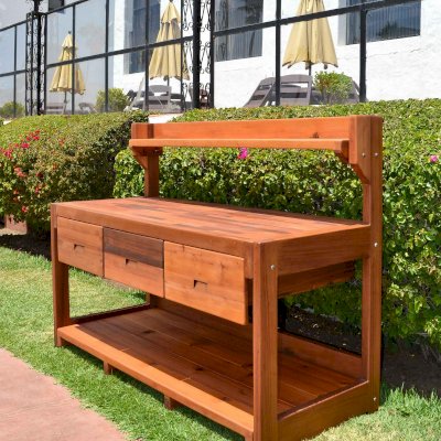 Eli's Redwood Potting Bench (Options: XXL Size, Old-Growth Redwood, No Casters, One Shelf, No Fold Down Sides, No Cooper Inset, No Engraving, No Removable Lid, Transparent Premium Sealant).