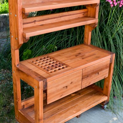 Eli's Redwood Potting Bench (Options: Large Size, Mature Redwood, Casters, Two Shelves, No Fold Down Sides, No Copper Inset, No Engraving, Removable Slatted Lid for Left Drawer, Transparent Premium Sealant). 