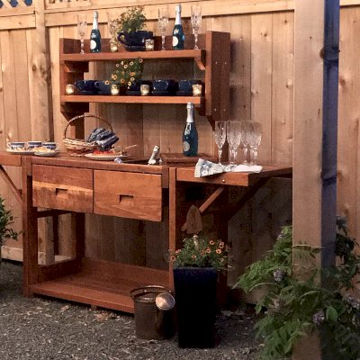 Eli's Redwood Potting Bench (Options: Large Size, California Redwood, No Casters, 2 Shelves, Both Sides Fold Down, Copper Inset for Right Drawer, No Engraving, Removable Slatted Lid Over Right Drawer, Transparent Premium Sealant). Photo Courtesy of M. Cooke of Westchester, IL.