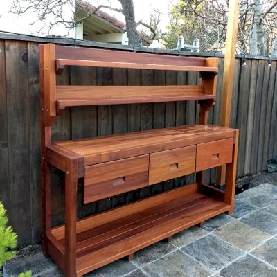 Eli's Redwood Potting Bench (Options: XXL Size, Old-Growth Redwood, No Casters, Two Shelves, No Fold Down Sides, No Cooper Inset, No Engraving, Removable Lid Over Right Drawer, Transparent Premium Sealant). Photo Courtesy of R. Cunningham of Sacramento, CA.