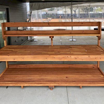 Custom Eli's Redwood Potting Bench (Options: 10' L x 36" W [Custom size], California Redwood, No Casters, One Shelf, No Drawers, No Fold Down Sides, No Engraving, No Lids, Transparent Premium Sealant). Photo Courtesy of B. Shanks of Salem, OR.