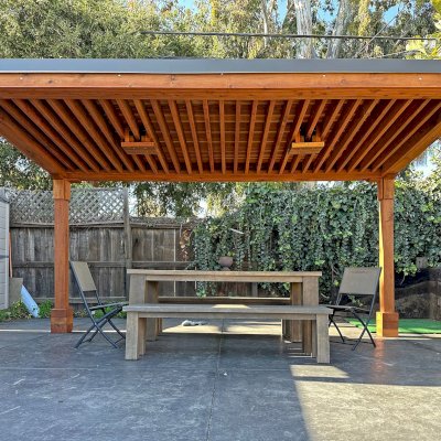 Emma's Modern Pavilion (Options: 8' x 15', No Privacy Panel, California Redwood, 8' H, 1 Electrical Wiring Trim, No Post Decorative Trim, 2 Ceiling Fan Bases [Ceiling Fan Bases Are Angled to Compensate for the Roof Pitch], No Curtain Rods, Transparent Premium Sealant). Photo Courtesy of C. Noa of San Mateo, CA.