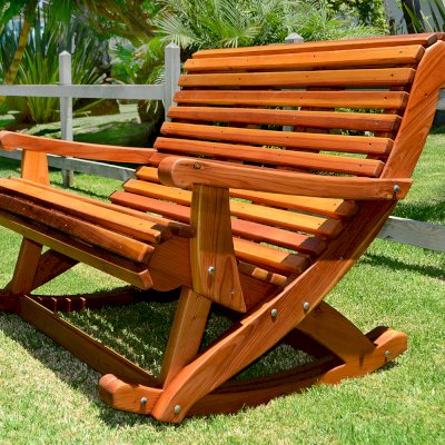 Ensenada Rocking Bench (Options: 4 ft L, California Redwood, No cushion, No Engraving, Transparent Premium Sealant).