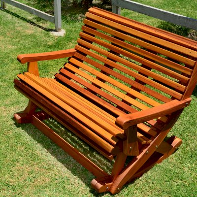Ensenada Rocking Bench (Options: 4 ft L, California Redwood, No cushion, No Engraving, Transparent Premium Sealant).