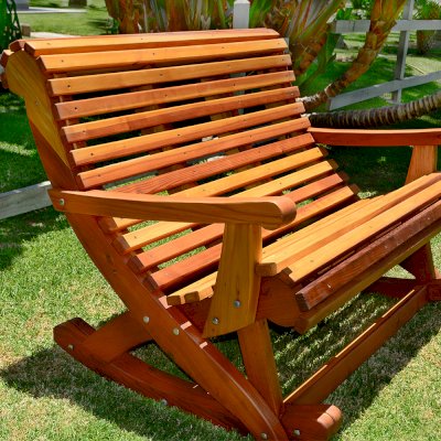 Ensenada Rocking Bench (Options: 4 ft L, California Redwood, No cushion, No Engraving, Transparent Premium Sealant).