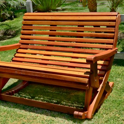 Ensenada Rocking Bench (Options: 4 ft L, California Redwood, No cushion, No Engraving, Transparent Premium Sealant).