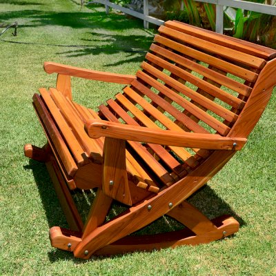 Ensenada Rocking Bench (Options: 4 ft L, California Redwood, No cushion, No Engraving, Transparent Premium Sealant).