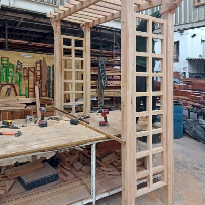 Custom Entryway Arbor in Mosaic Douglas-Fir in Production.
