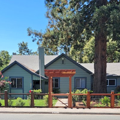Custom Entryway Arbor (Options: 60" W, 57" D, 12 ft Height, California Redwood, Transparent Premium Sealant). Photo Courtesy of C. Johnson of Santa Rosa, CA.