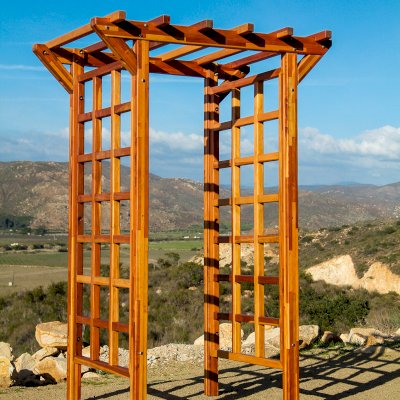 Entryway Arbor (Options: 57 1/2" W, 32" D, Mosaic Redwood, 4-Post Archor Kit for Stone, Brick or Concrete, Transparent Premium Sealant). Customized measures by customer request.
