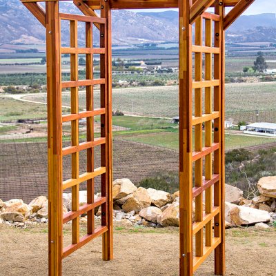 Entryway Arbor (Options: 57 1/2" W, 32" D, Mosaic Redwood, 4-Post Archor Kit for Stone, Brick or Concrete, Transparent Premium Sealant). Customized measures by customer request.