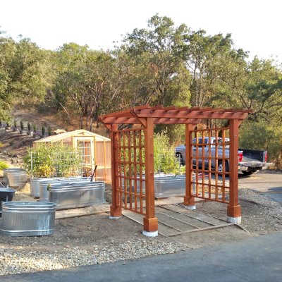 Custom Entryway Arbor (Options: 120" W, 84" D, California Redwood, 4-Post Archor Kit for Concrete, Transparent Premium Sealant) with 6 x 6 Posts and 2 x 6 Rafters by Custom Request. Photo Courtesy of K. Moore of Healdsburg, CA.
