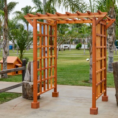 Entryway Arbor (Options: 80" W, 60" D, California Redwood, 4-Post Archor Kit for Stone, Brick or Concrete, Transparent Premium Sealant).