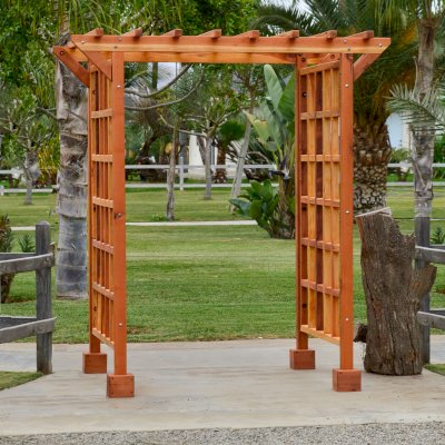 Entryway Arbor (Options: 80" W, 60" D, California Redwood, 4-Post Archor Kit for Stone, Brick or Concrete, Transparent Premium Sealant).
