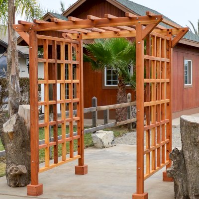Entryway Arbor (Options: 80" W, 60" D, California Redwood, 4-Post Archor Kit for Stone, Brick or Concrete, Transparent Premium Sealant).