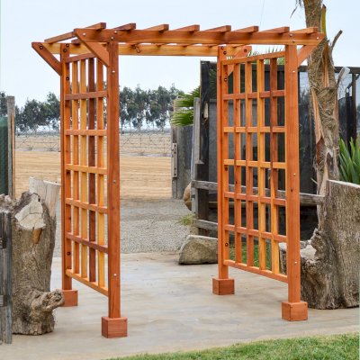Entryway Arbor (Options: 80" W, 60" D, California Redwood, 4-Post Archor Kit for Stone, Brick or Concrete, Transparent Premium Sealant).