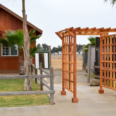 Entryway Arbor (Options: 80" W, 60" D, California Redwood, 4-Post Archor Kit for Stone, Brick or Concrete, Transparent Premium Sealant).