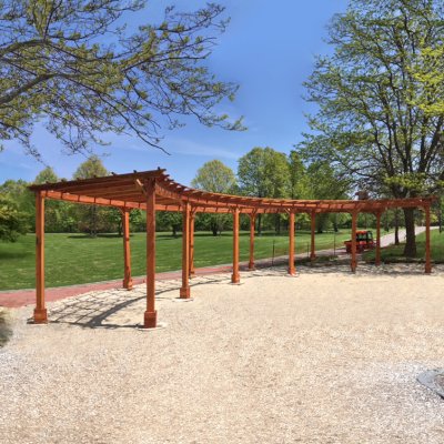 Fan Shaped Pergola Kit (Options: 50' x 12',California Redwood, Open Roof with Slats at 18", No Electrical Wiring Trim Kit, 12-Post Anchor Kit for Concrete, No Ceiling Fan Base, 9' Posts, No Curtain Rods, Transparent Premium Sealant). Photo Courtesy of A. Amstutz of Toledo, OH.