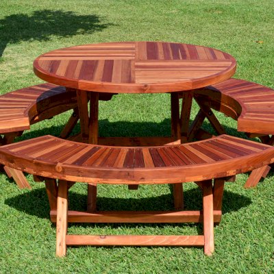 3 Folding Arc Wood Bench (Options: 52 inches, California Redwood [with a little Mosaic Redwood at the bottom of the seat by custom request], Transparent Premium Sealant) with a Matching Round Folding Table. 