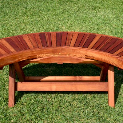 Folding Arc Wood Bench (Options: 52 inches, California Redwood [with a little Mosaic Redwood at the bottom of the seat by custom request], Transparent Premium Sealant). 