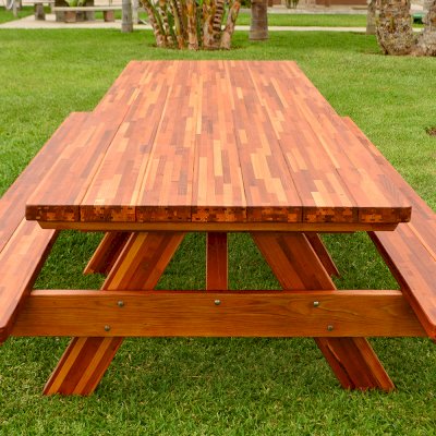 Forever Picnic Tables (Attached Benches) (Options: 12' L, 40 1/4" W, Side Benches, Mosaic Redwood, Standard Tabletop, Slightly Rounded Corners, No Umbrella Hole, Transparent Premium Sealant, No ADA Accessible).