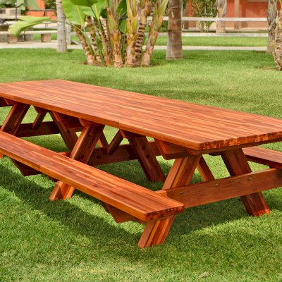 Forever Picnic Tables (Attached Benches) (Options: 12' L, 40 1/4" W, Side Benches, Mosaic Redwood, Standard Tabletop, Slightly Rounded Corners, No Umbrella Hole, Transparent Premium Sealant, No ADA Accessible).