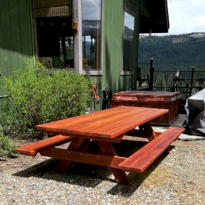 Custom Forever Picnic Tables (Attached Benches) (Options: 41 1/2" x 6', Mature Redwood, Standard Tabletop, 2 Umbrella Holes, Slightly Rounded Corners, Transparent Premium Sealant).