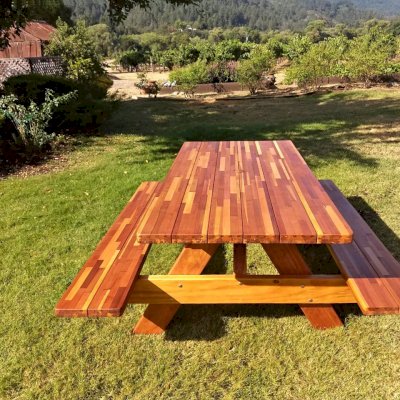 Forever Picnic Tables (Attached Benches) (Options: 6' L, 36" W, Side Benches, Mosaic Redwood, Standard Tabletop, Rounded Corners, 2" Umbrella Hole, Transparent Premium Sealant, No ADA Accessible). Photo Courtesy of D. Eckert of Healdsburg, California.