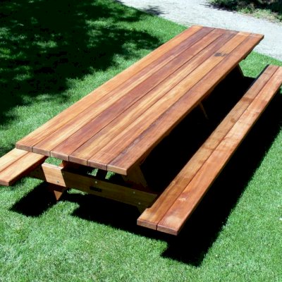 Forever Picnic Tables (Attached Benches) (Options: 12' L, 34 1/2" W, Side Benches, Mature Redwood, Standard Tabletop, Squared Corners, No Umbrella Hole, Transparent Premium Sealant). 