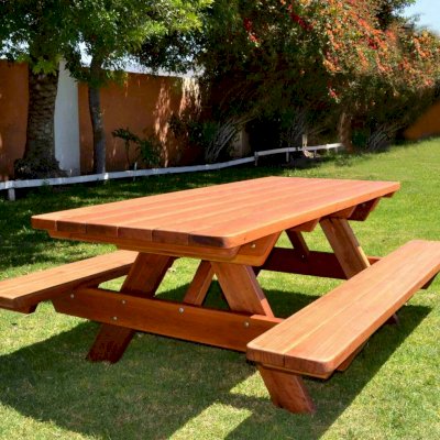 Forever Picnic Tables (Attached Benches) (Options:7' L, 34 1/2" W, Side Benches, Mature Redwood, Standard Tabletop, Rounded Corners, No Umbrella Hole, Transparent Premium Sealant).