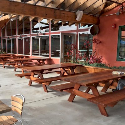 Custom Forever Picnic Tables (Attached Benches) (Options: Old-Growth Redwood, Benches Extra Wide by Custom Request, Squared Corners, Transparent Premium Sealant). Photo Courtesy of Chow's Restaurant in 3770 Piedmont Avenue, Oakland, CA.