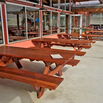 Custom Forever Picnic Tables (Attached Benches) (Options: Old-Growth Redwood, Benches Extra Wide by Custom Request, Squared Corners, Transparent Premium Sealant). Photo Courtesy of Chow's Restaurant in 3770 Piedmont Avenue, Oakland, CA.