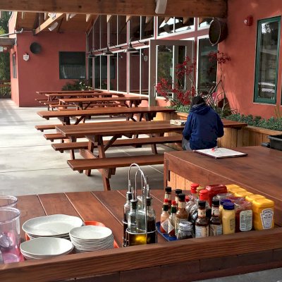 Custom Forever Picnic Tables (Attached Benches) (Options: Old-Growth Redwood, Benches Extra Wide by Custom Request, Squared Corners, Transparent Premium Sealant). Photo Courtesy of Chow's Restaurant in 3770 Piedmont Avenue, Oakland, CA.
