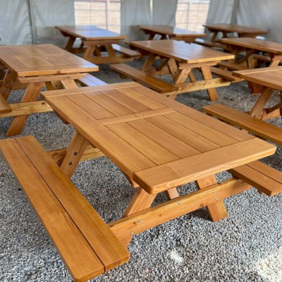 Forever Picnic Tables (Attached Benches) (Options: 5' L, 34 1/2" W, Attached Side Benches, Douglas-fir, Old Country Tabletop, Standard, Slightly Rounded Corners, 2" Umbrella Hole, Urethane Finish by Custom Request). Tables installed at Wright's Barbecue Rogers in 5001 W Pauline Whitaker Pkwy, Rogers, AR 72758. 
