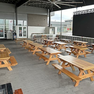 Forever Picnic Tables (Attached Benches) (Options: 6' & 5' L, 34 1/2" W, Attached Side Benches, Douglas-fir, Old Country Tabletop, Standard, Slightly Rounded Corners, 2" Umbrella Hole, Urethane Finish by Custom Request). Photo Courtesy of J. Davis of Rogers, AR.