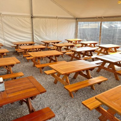 Forever Picnic Tables (Attached Benches) (Options: 5' L, 34 1/2" W, Attached Side Benches, Douglas-fir, Old Country Tabletop, Standard, Slightly Rounded Corners, 2" Umbrella Hole, Urethane Finish by Custom Request). Tables installed at Wright's Barbecue Rogers in 5001 W Pauline Whitaker Pkwy, Rogers, AR 72758. 