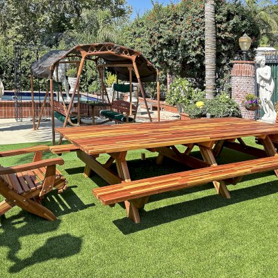 Forever Picnic Tables (Attached Benches) (Options: 12' L, 51 3/4" W, Attached Side Benches, Mosaic Redwood, Standard Tabletop, Rounded Corners, No Umbrella Hole, Transparent Premium Sealant) with 2 Ensenada Wood Easy Chairs. Photo Courtesy of R. Winslow of Granada Hills, CA.
