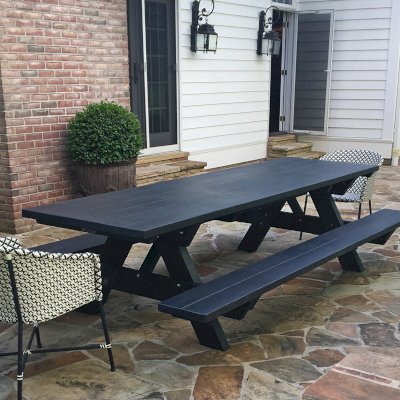Forever Picnic Tables (Attached Benches) (Options: 10' L, 34 1/2" W, Attached Side Benches, California Redwood, Standard Tabletop, Square Corners, No Umbrella Hole, Benjamin Moore Paint-Black Satin 2131-10). Photo Courtesy of A. John of Towson, MD.