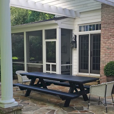 Forever Picnic Tables (Attached Benches) (Options: 10' L, 34 1/2" W, Attached Side Benches, California Redwood, Standard Tabletop, Square Corners, No Umbrella Hole, Benjamin Moore Paint-Black Satin 2131-10). Photo Courtesy of A. John of Towson, MD.