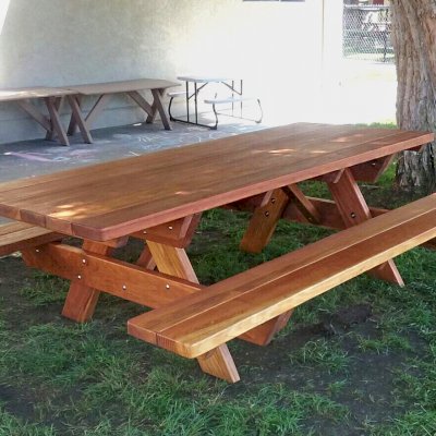 Forever Picnic Tables (Attached Benches) (Options: 7' L, 34 1/2" W, Attached Side Benches, California Redwood, Standard Tabletop, Slightly Rounded Corners, No Umbrella Hole, Transparent Premium Sealant). Photo Courtesy of N. Thibeault of Encinitas, CA.